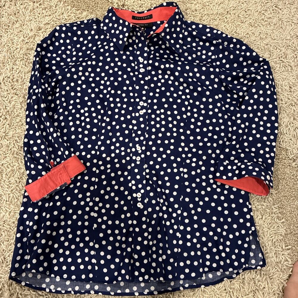 Foxcroft Wrinkle Free‎ Fitted Fit Button Up Shirt 12 Cuff Sleeve Navy Polka Dot